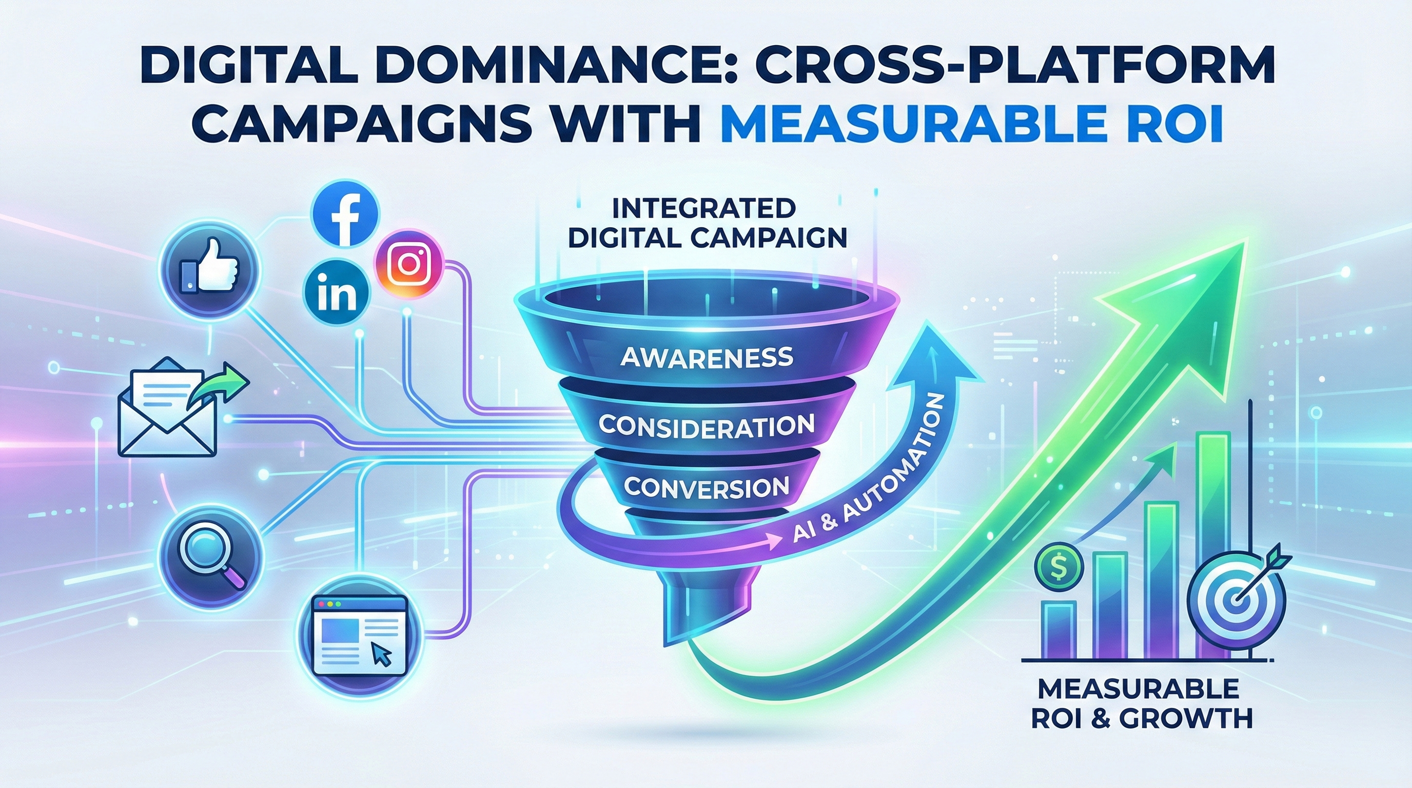 A Digital Marketing Funnel diagram showing the customer journey from Awareness (Viral Video) to Consideration (Blogs) to Conversion (Retargeting Ads). Digital campaign strategy by Shawon Al Amin.